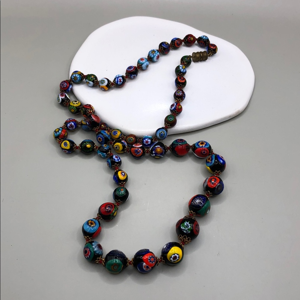 Vintage Millefiori Art Glass Bead Necklace Colorful Artisan Boho Statement Look